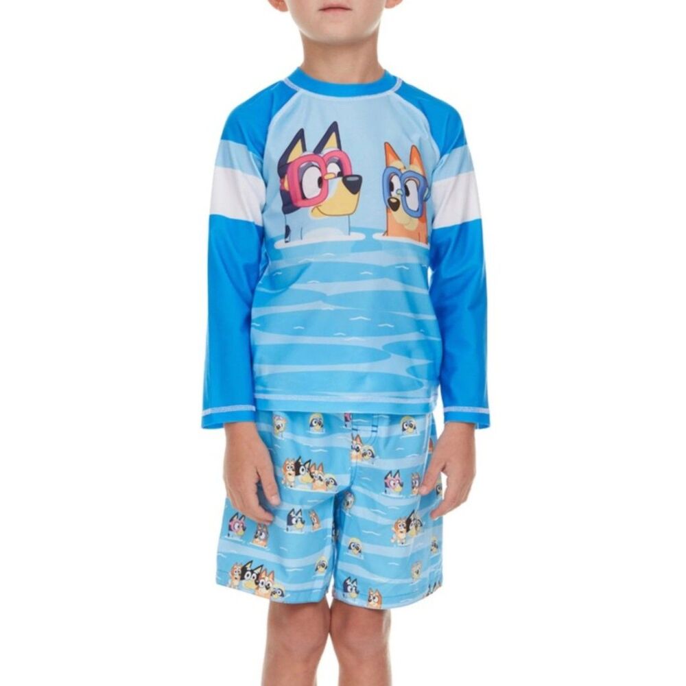 NEW Boys Sz 3 Toddler BLUEY Rash Guard UPF 50+ Shirt & Shorts 2 Pc Swim Outfit